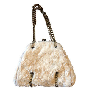 Chinese Laundry cream faux fur bag kiss lock w/brass chain and faux suede trim
